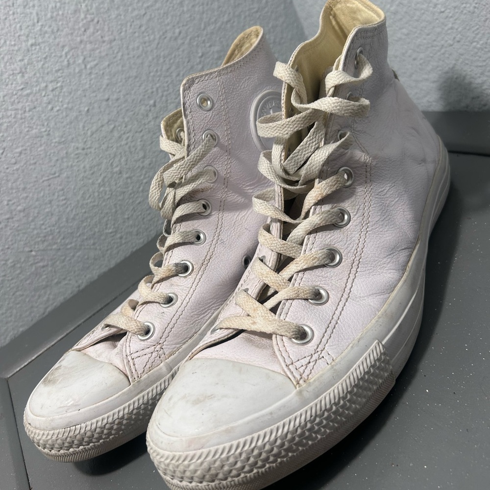 Converse Leather High-Top Sneakers in Cream and White